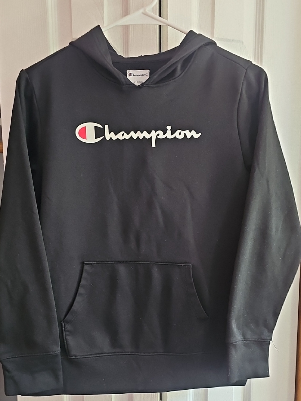 Champion Black Hoodie with White Script and Red Accent